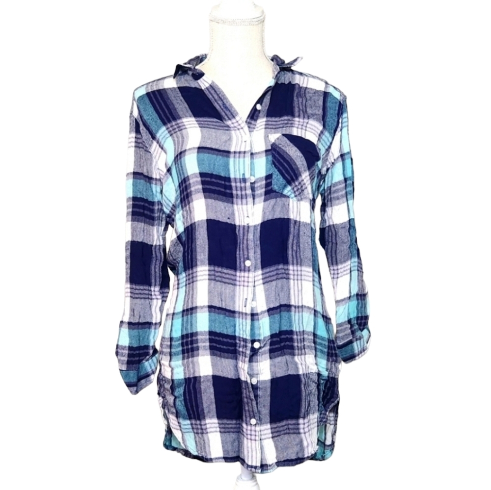 Sneak Peek Women Small Blue Plaid Long Button Down Blouse Shirt